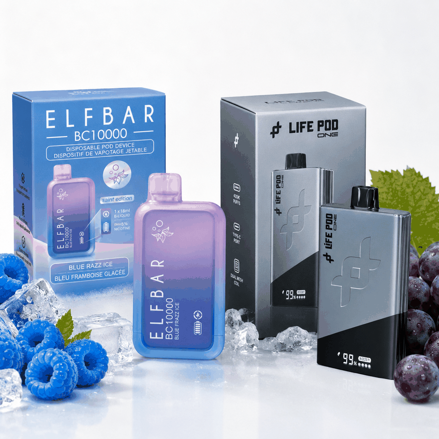 KIT 2 Pods Descartáveis - Elfbar 10k Blue razz ice + Life pod 40k Grape ice