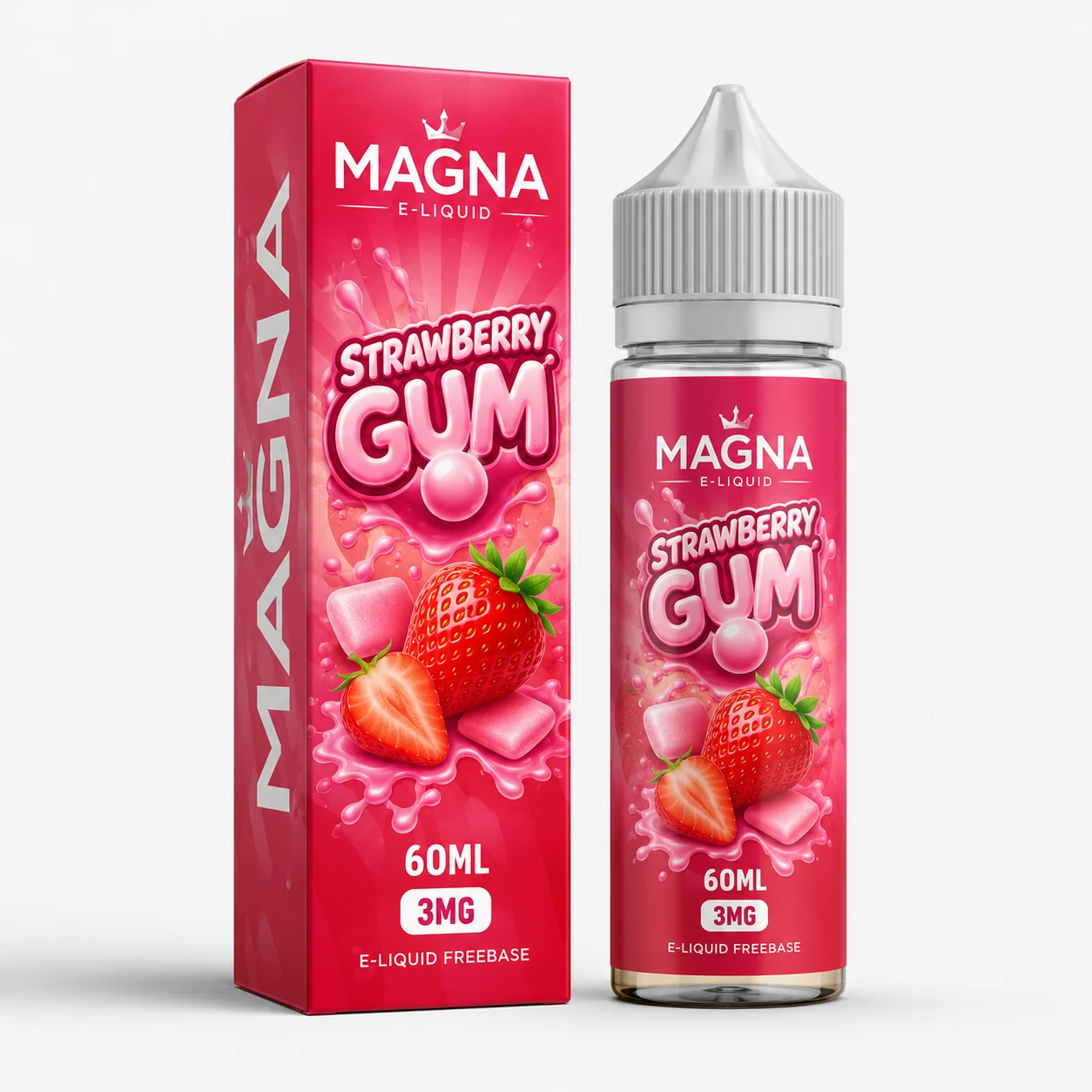 Líquido Magna Strawberry Gum 60ml 3mg Freebase – Morango com Chiclete